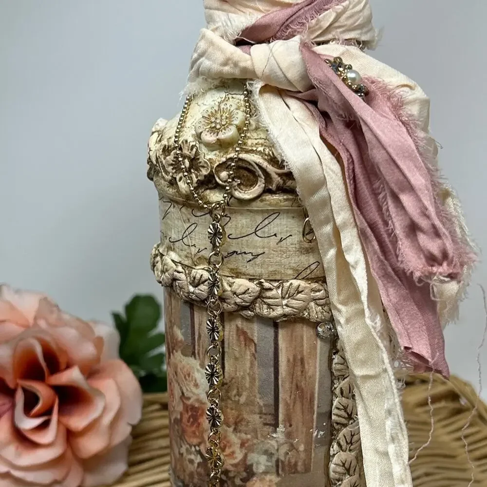 Vintage-Inspired Cream and Pink Accent Altered Bottle 9.5 inches tall